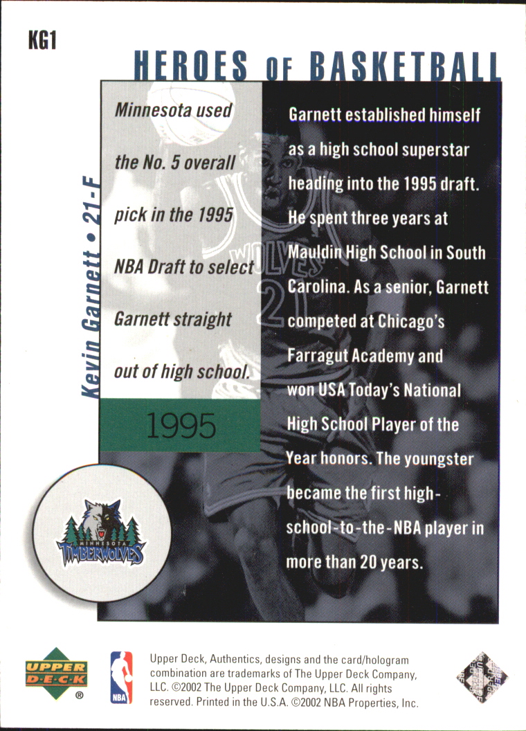 2002-03 UD Authentics Kevin Garnett Heroes of Basketball #KG1 Kevin Garnett back image