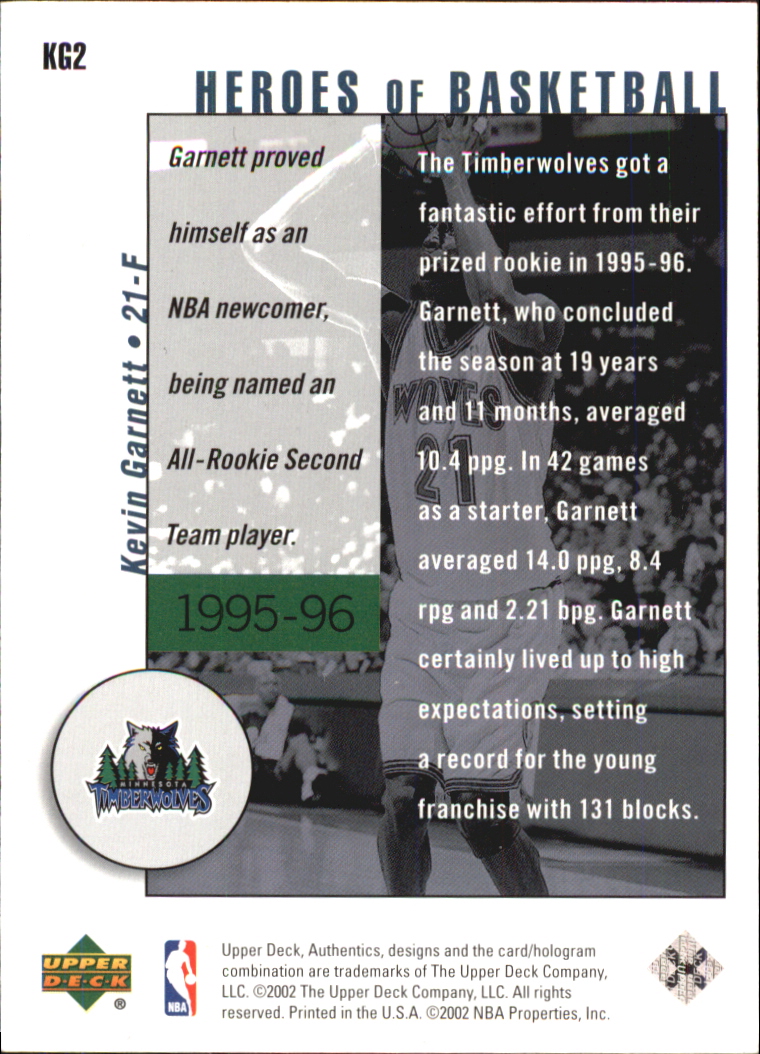 2002-03 UD Authentics Kevin Garnett Heroes of Basketball #KG2 Kevin Garnett back image
