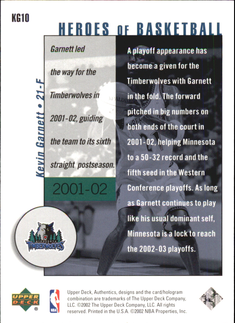 2002-03 UD Authentics Kevin Garnett Heroes of Basketball #KG10 Kevin Garnett back image