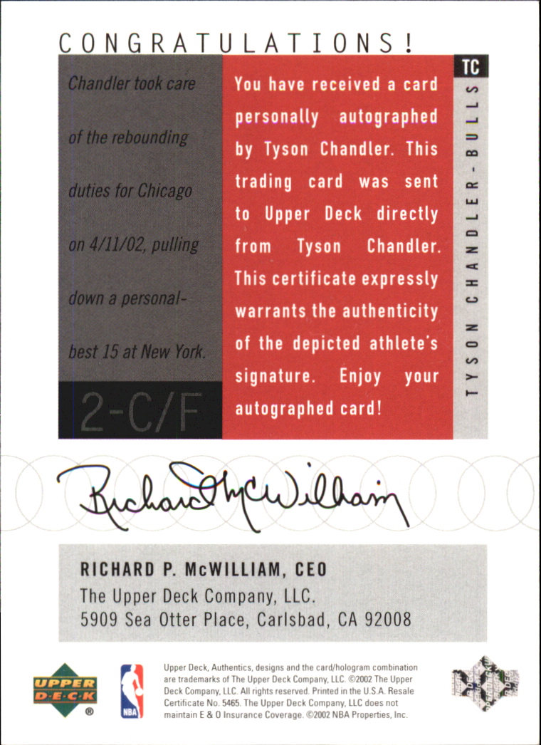 2002-03 UD Authentics Signatures #TC Tyson Chandler back image