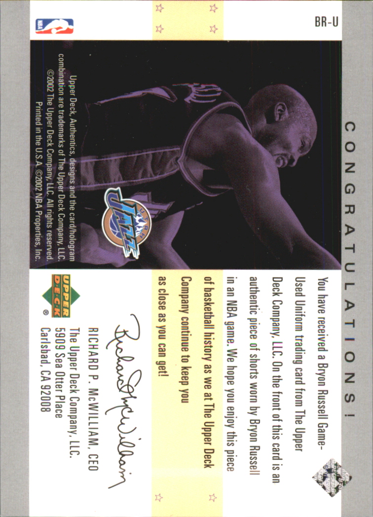 2002-03 UD Authentics Uniform Greatness #BRU Bryon Russell back image