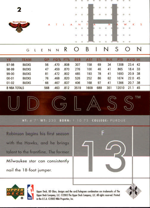 2002-03 UD Glass #2 Glenn Robinson back image