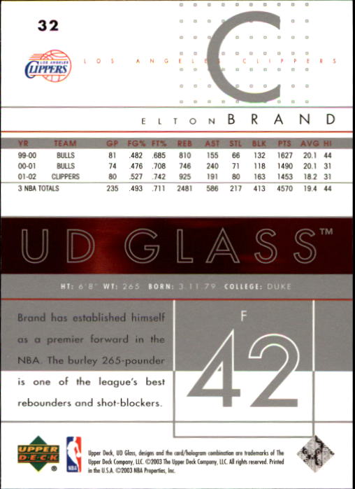 2002-03 UD Glass #32 Elton Brand back image