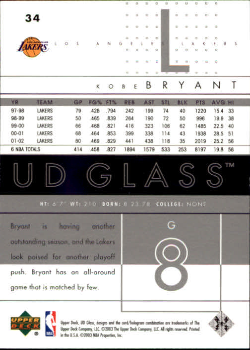 2002-03 UD Glass #34 Kobe Bryant back image