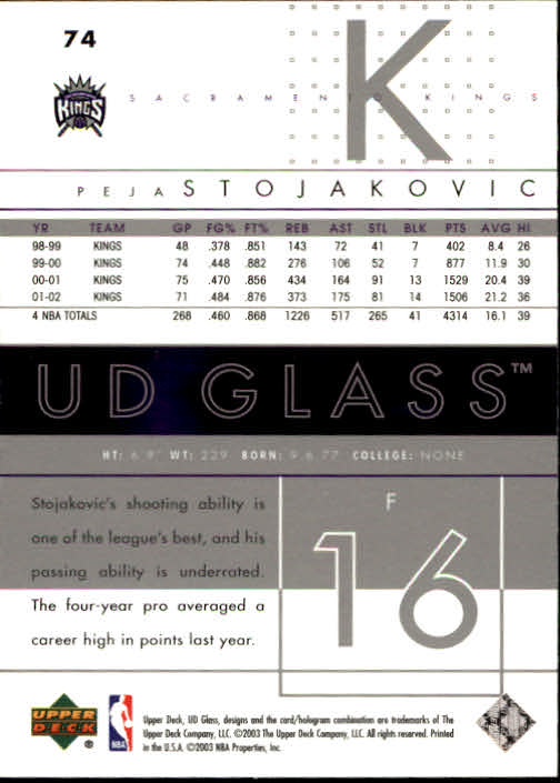 2002-03 UD Glass #74 Peja Stojakovic back image
