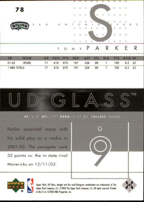 2002-03 UD Glass #78 Tony Parker back image