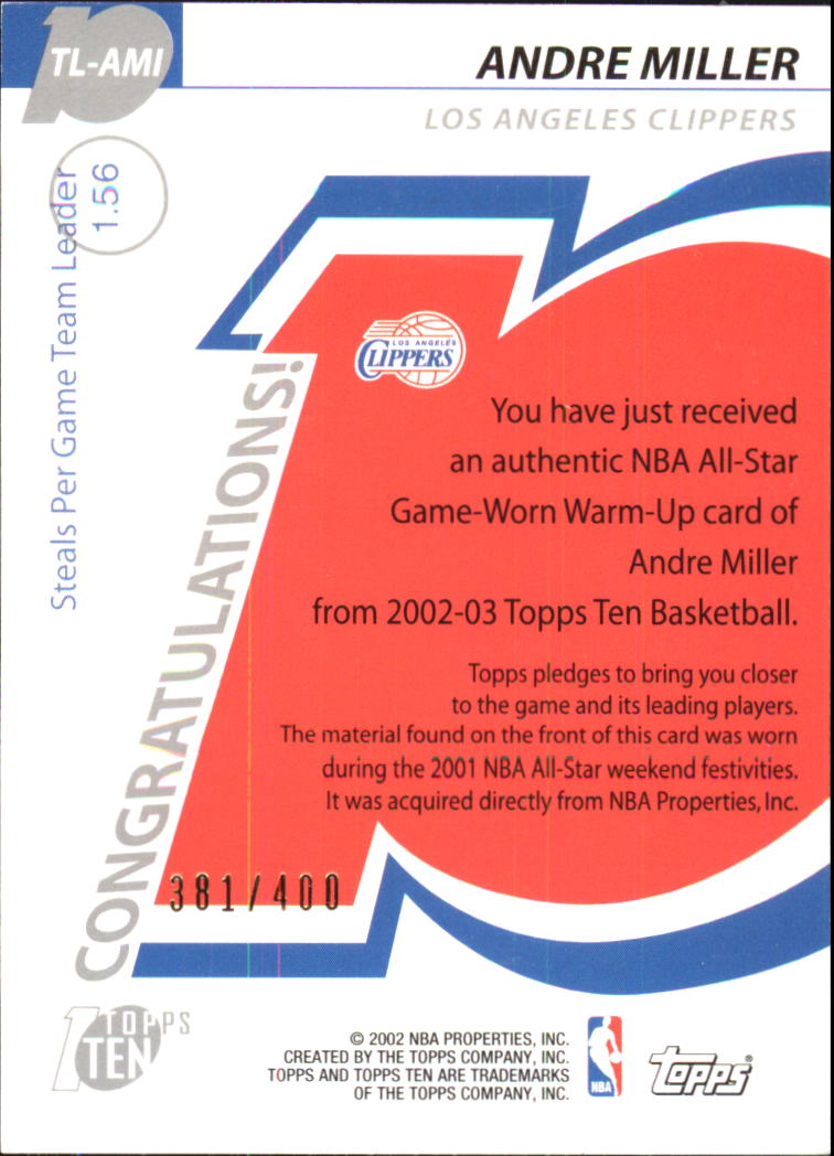 2002-03 Topps Ten Team Leader Relics #TLAMI Andre Miller/400 back image