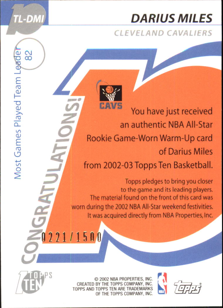 2002-03 Topps Ten Team Leader Relics #TLDMI Darius Miles/1500 back image