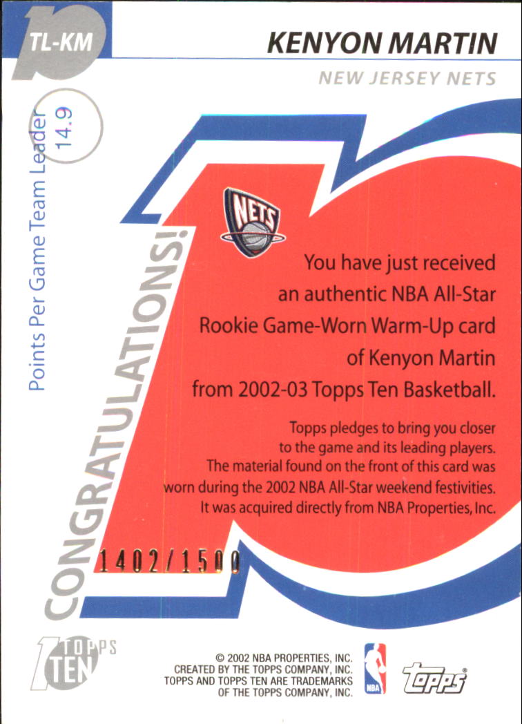 2002-03 Topps Ten Team Leader Relics #TLKM Kenyon Martin/1500 back image