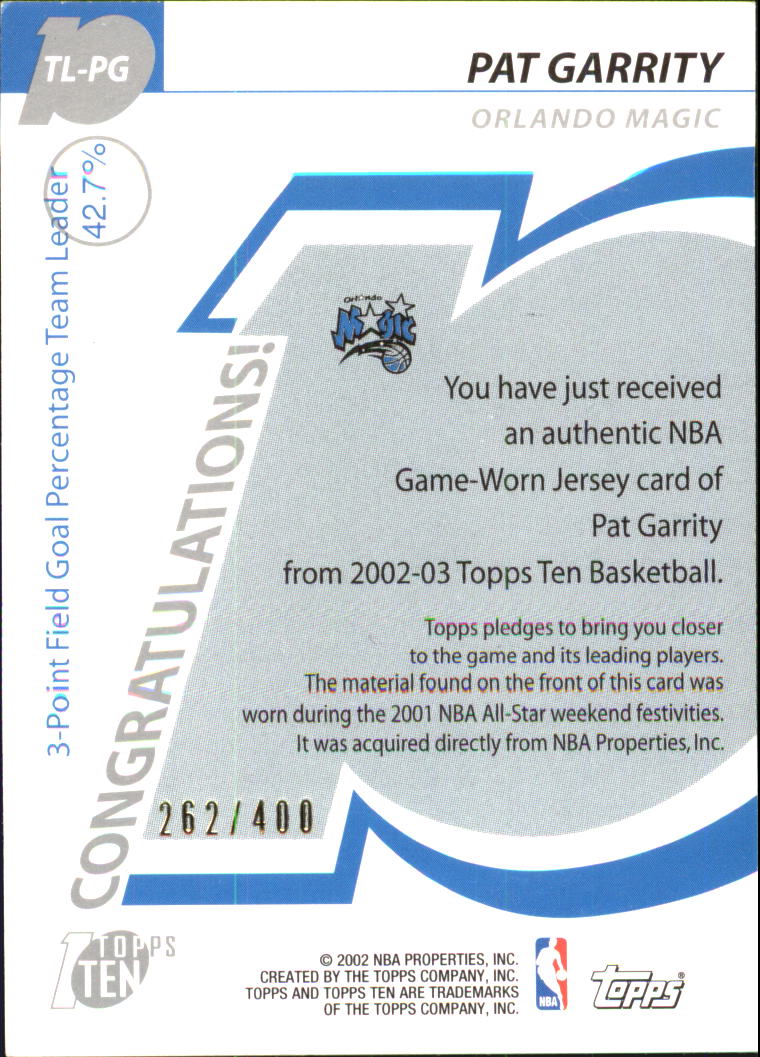 2002-03 Topps Ten Team Leader Relics #TLPG Pat Garrity/400 back image