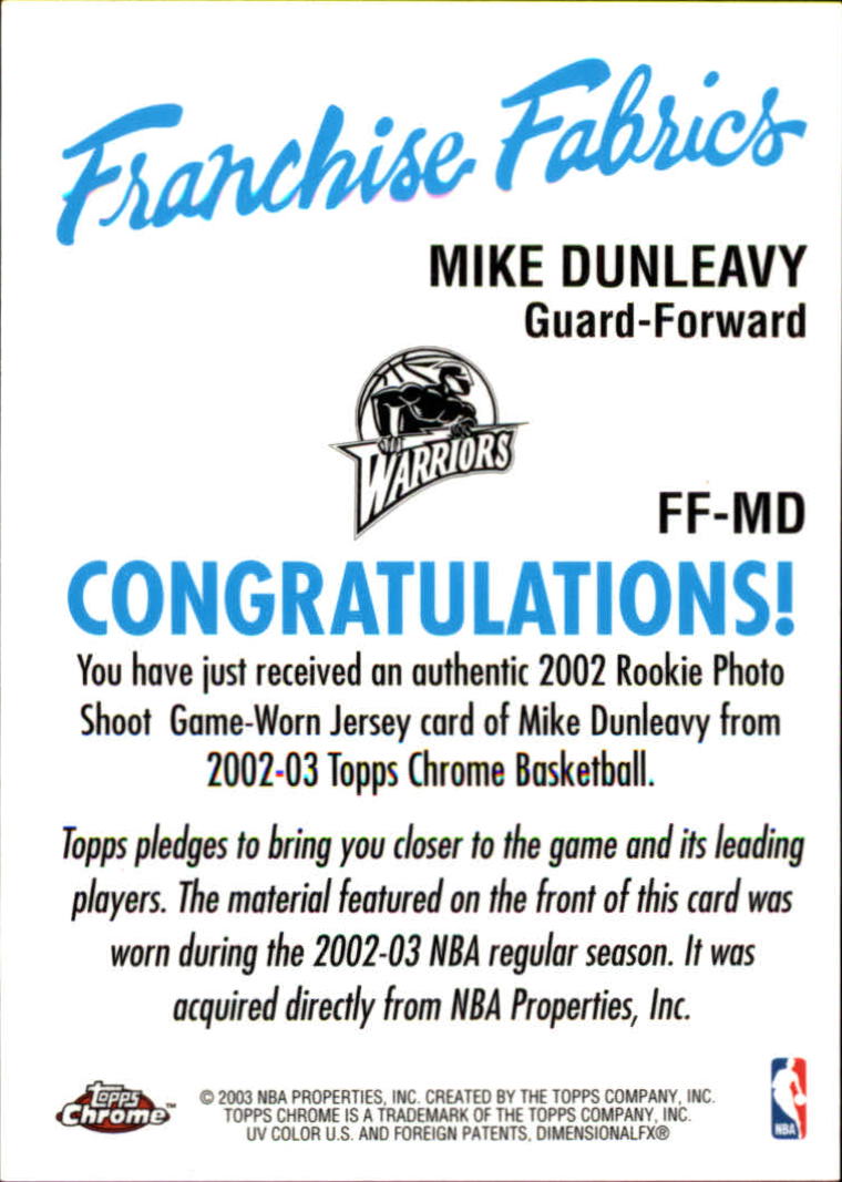 2002-03 Topps Chrome Franchise Fabric Relics #FFMD Mike Dunleavy back image