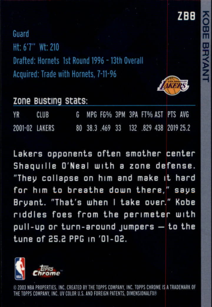 2002-03 Topps Chrome Zone Busters #ZB8 Kobe Bryant back image