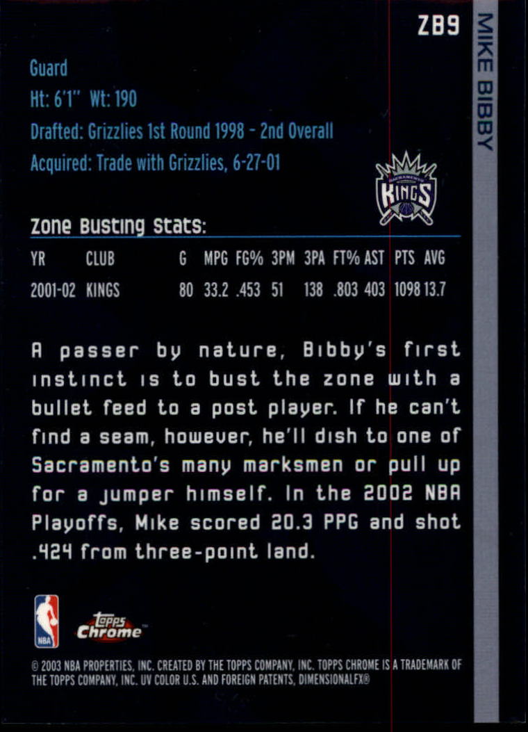 2002-03 Topps Chrome Zone Busters #ZB9 Mike Bibby back image