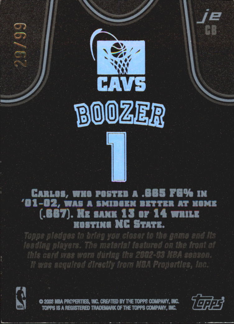 2002-03 Topps Jersey Edition Black #JECB Carlos Boozer R back image