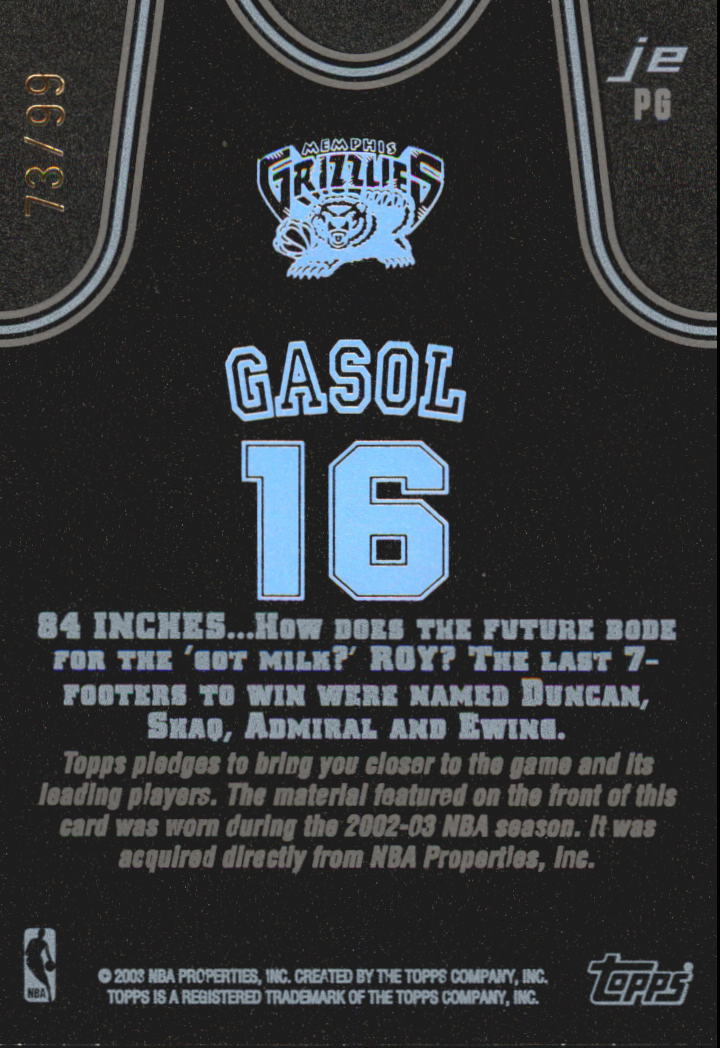 2002-03 Topps Jersey Edition Black #JEPG Pau Gasol R back image