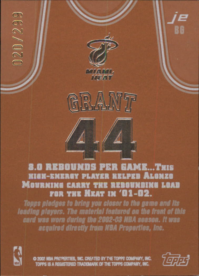 2002-03 Topps Jersey Edition Copper #JEBG Brian Grant R back image