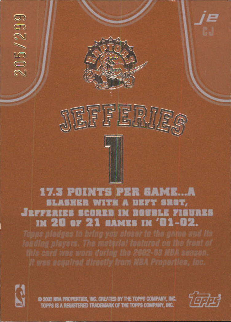 2002-03 Topps Jersey Edition Copper #JECJ Chris Jefferies H back image