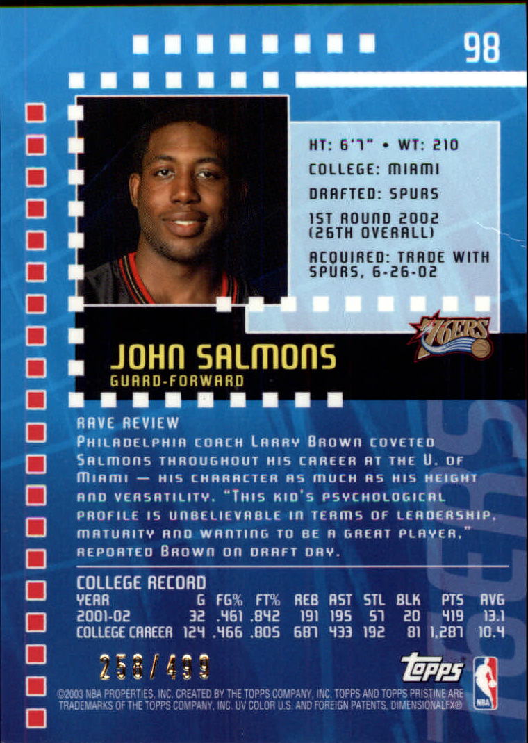 2002-03 Topps Pristine #98 John Salmons R back image