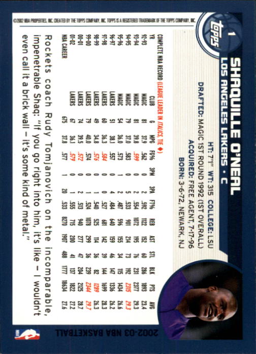 2002-03 Topps #1 Shaquille O'Neal back image