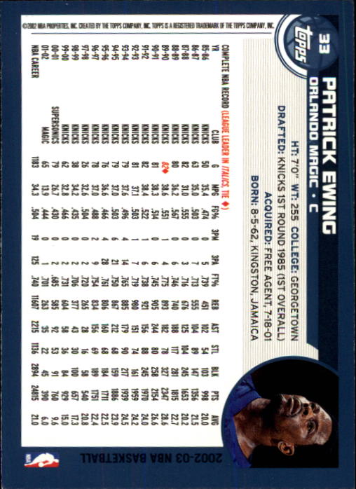 2002-03 Topps #33 Patrick Ewing back image