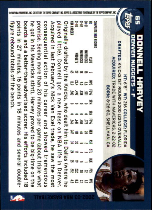 2002-03 Topps #65 Donnell Harvey back image