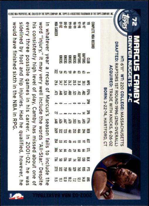 2002-03 Topps #72 Marcus Camby back image