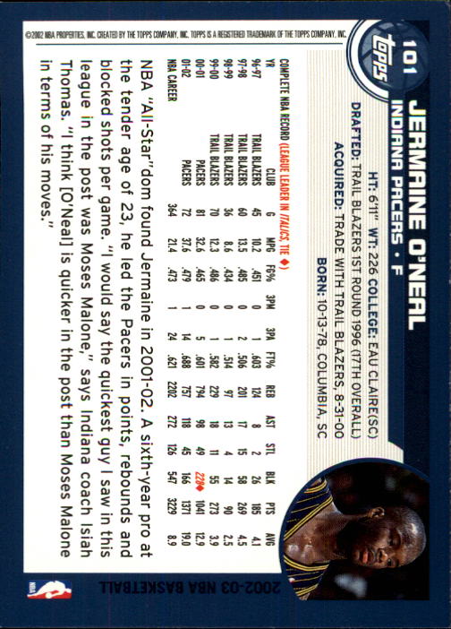 2002-03 Topps #101 Jermaine O'Neal back image