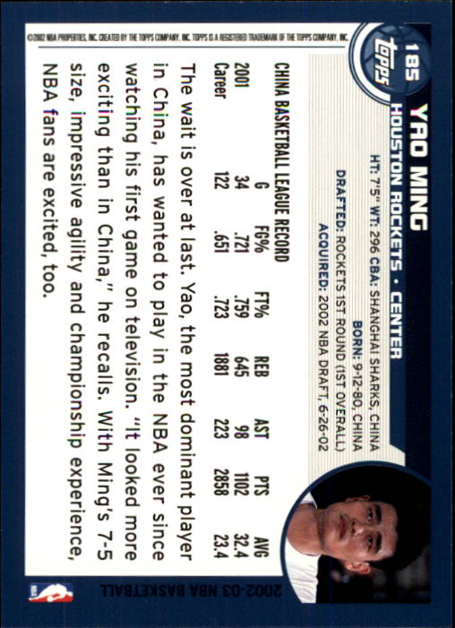 2002-03 Topps #185 Yao Ming RC back image
