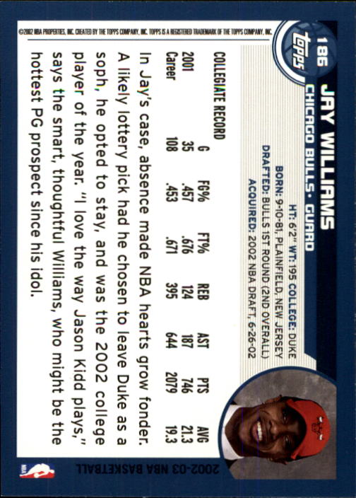 2002-03 Topps #186 Jay Williams RC back image