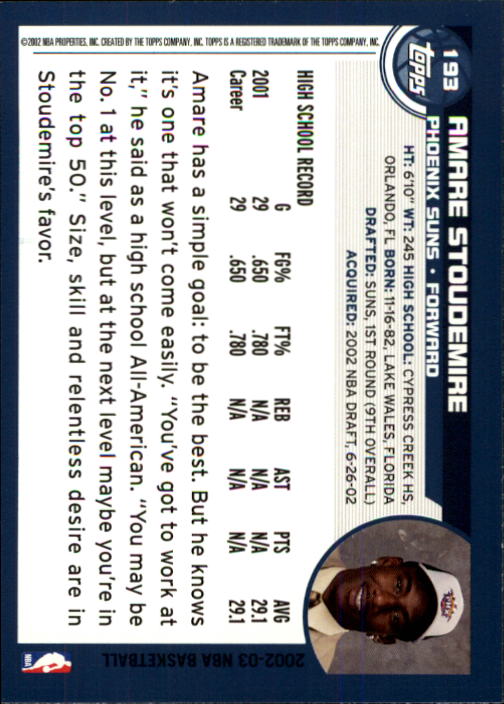 2002-03 Topps #193 Amare Stoudemire RC back image