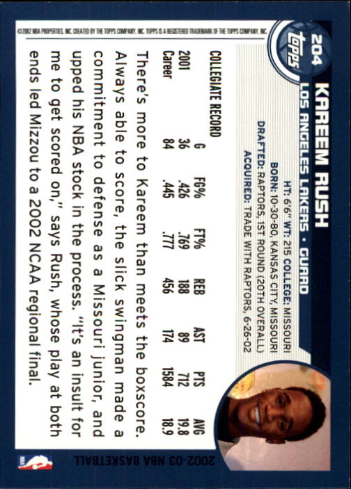 2002-03 Topps #204 Kareem Rush RC back image