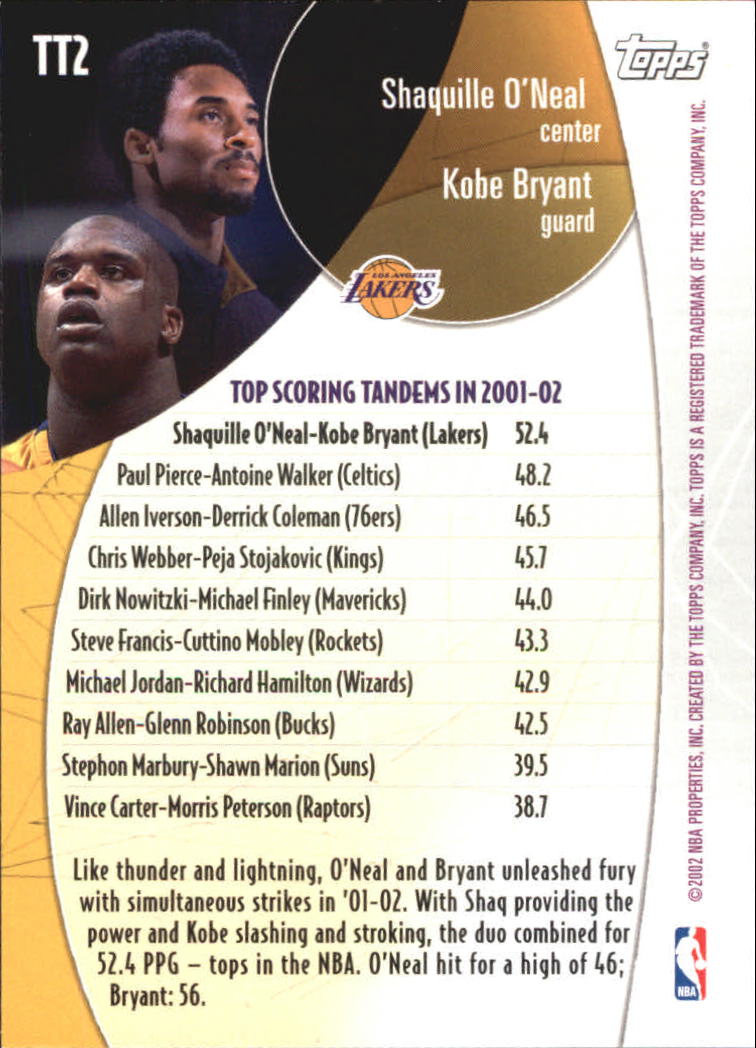 2002-03 Topps Top Tandems #TT2 Shaquille O'Neal/Kobe Bryant back image