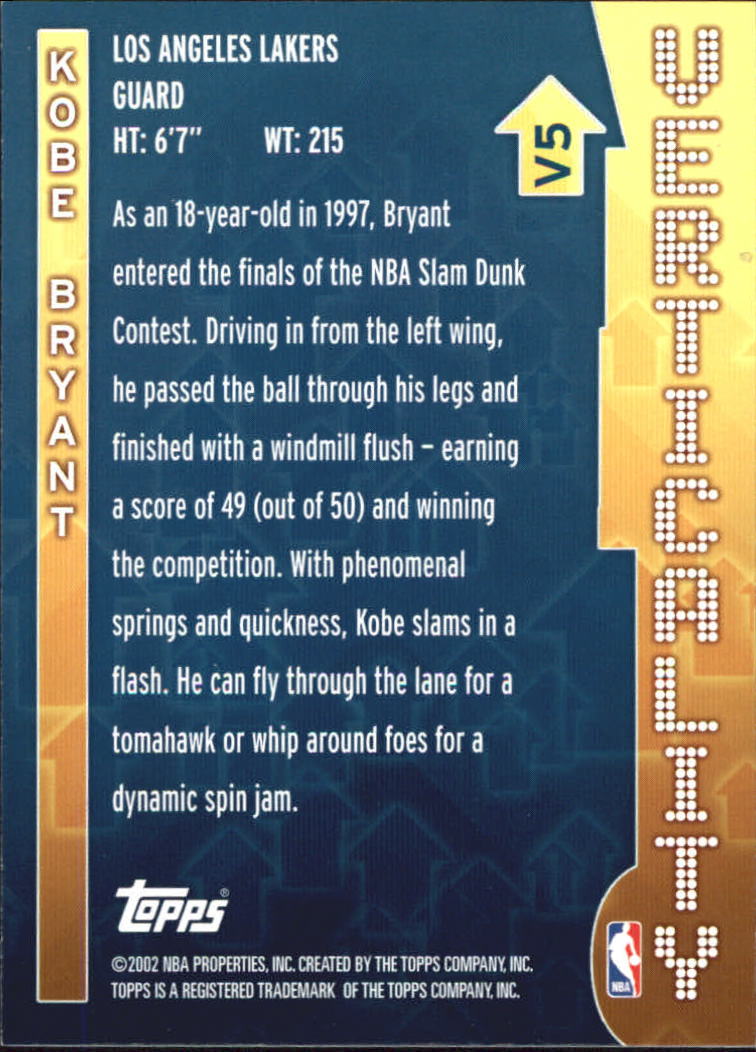 2002-03 Topps Verticality #V5 Kobe Bryant back image