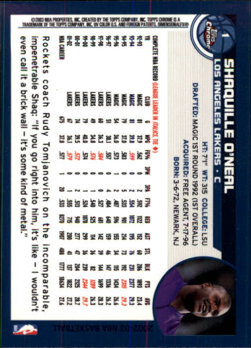 2002-03 Topps Chrome #1 Shaquille O'Neal back image