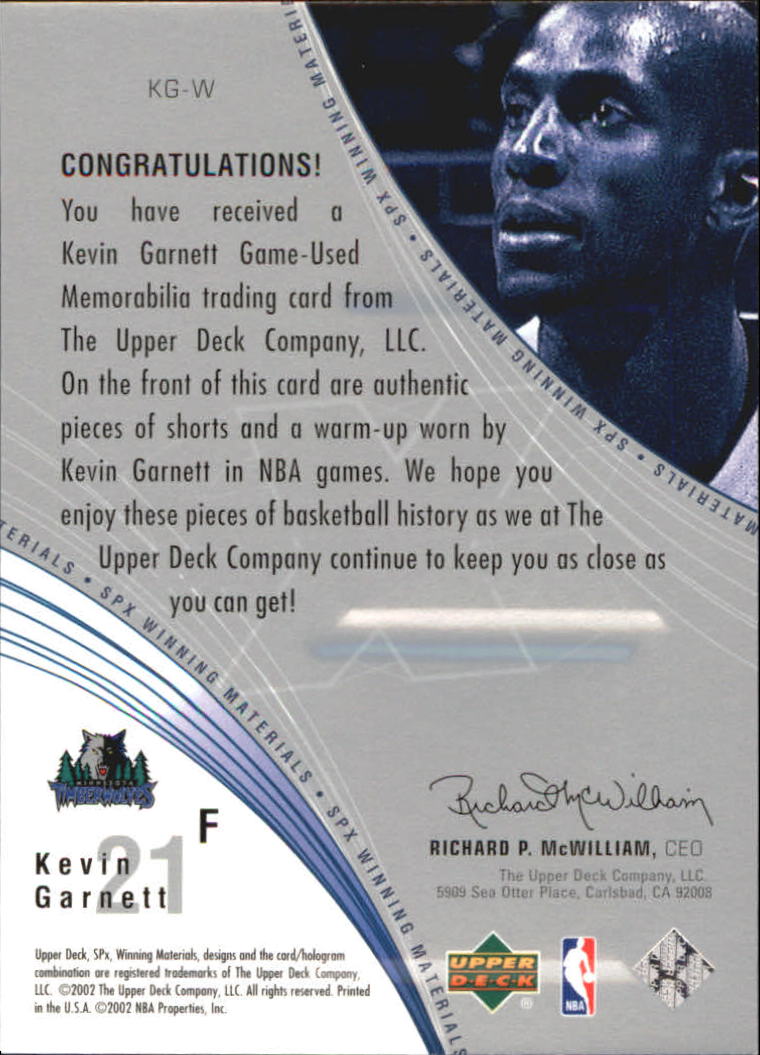 2002-03 SPx Winning Materials #KGW Kevin Garnett Shorts/WU back image