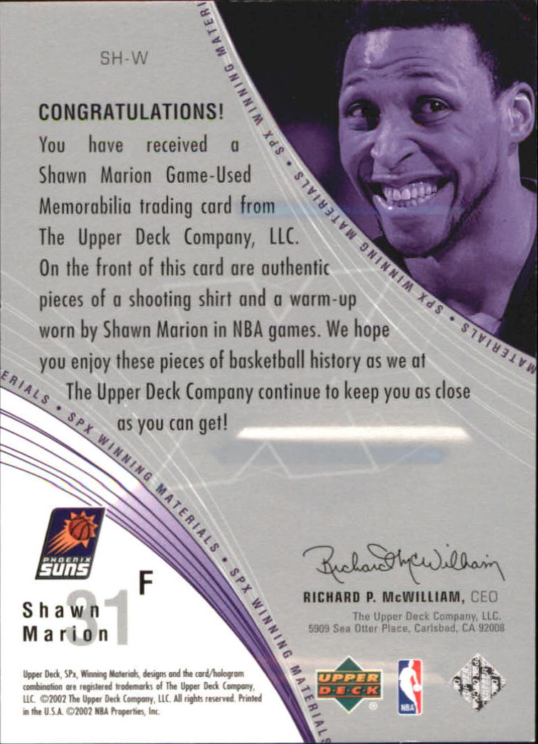 2002-03 SPx Winning Materials #SHW Shawn Marion Shirt/WU back image