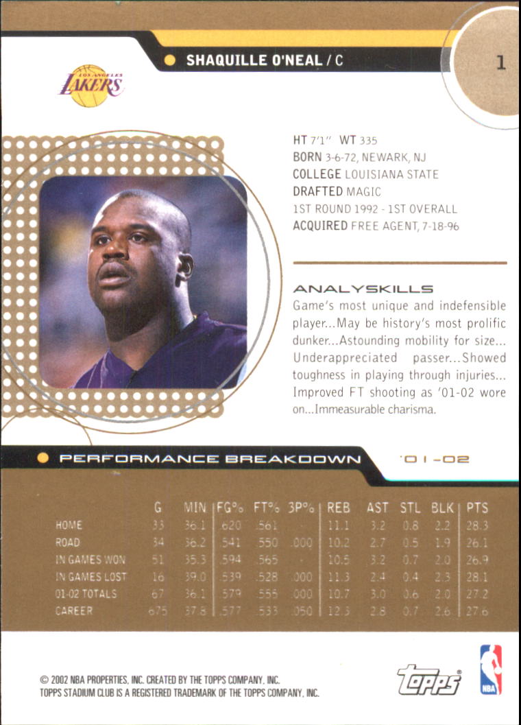 2002-03 Stadium Club 10th Anniversary Parallel #1 Shaquille O'Neal back image