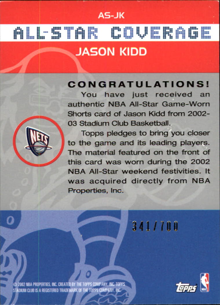 2002-03 Stadium Club All-Star Coverage Relics #ASJK Jason Kidd back image