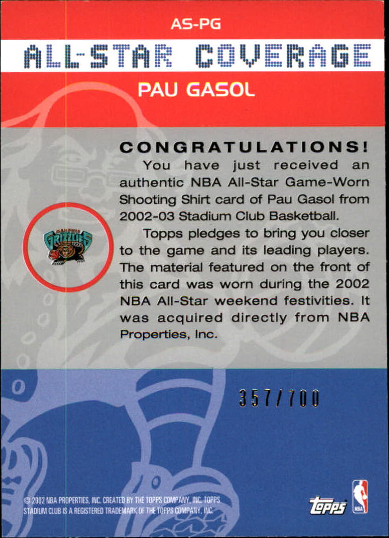 2002-03 Stadium Club All-Star Coverage Relics #ASPG Pau Gasol back image
