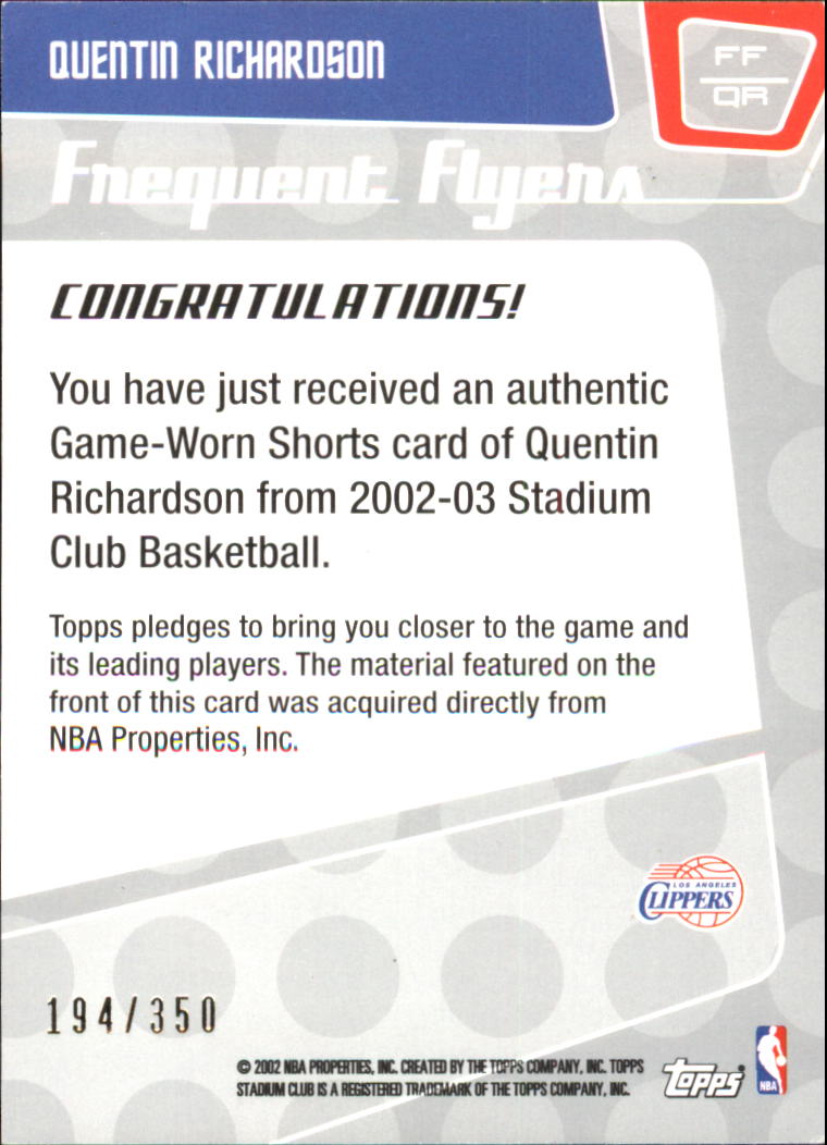 2002-03 Stadium Club Frequent Flyers Relics #FFQR Quentin Richardson/350 back image