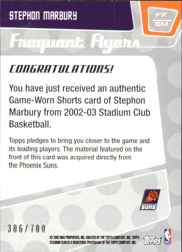 2002-03 Stadium Club Frequent Flyers Relics #FFSM Stephon Marbury/700 back image