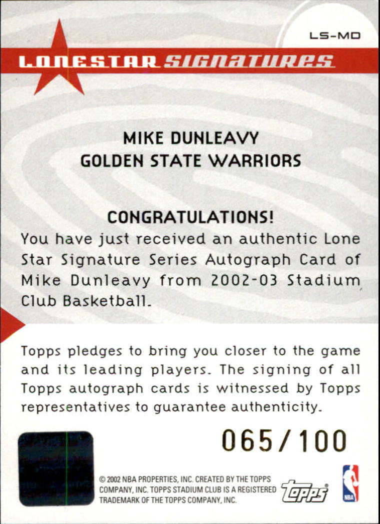 2002-03 Stadium Club Lone Star Signatures #LSMD Mike Dunleavy/100 back image