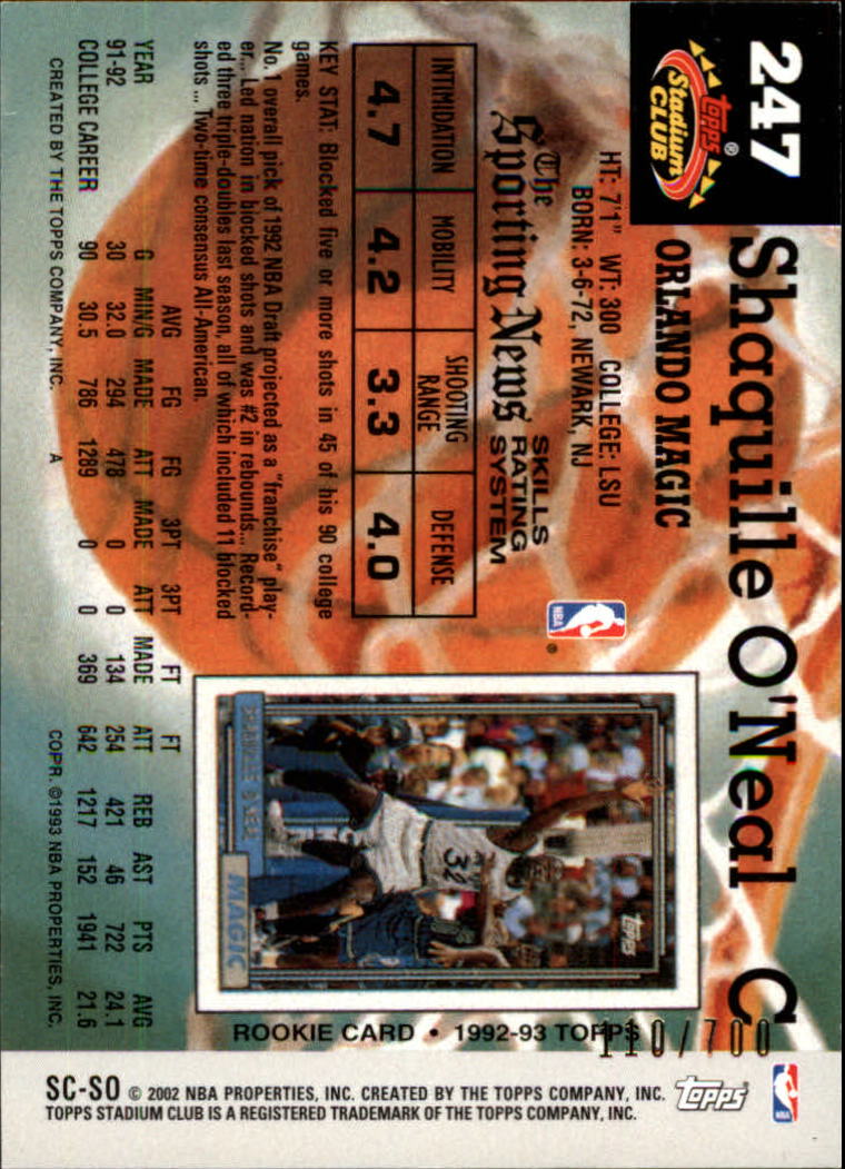 2002-03 Stadium Club Reprint Relics #SCSO Shaquille O'Neal back image