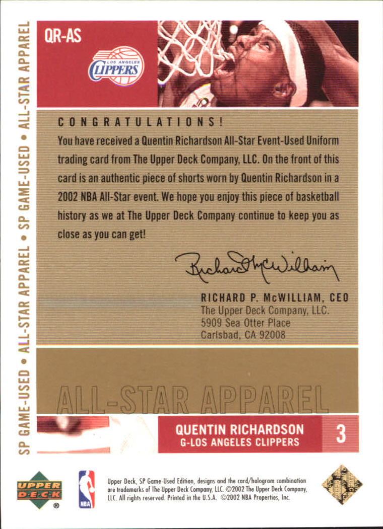 2002-03 SP Game Used All-Star Apparel Gold #QRAS Quentin Richardson back image
