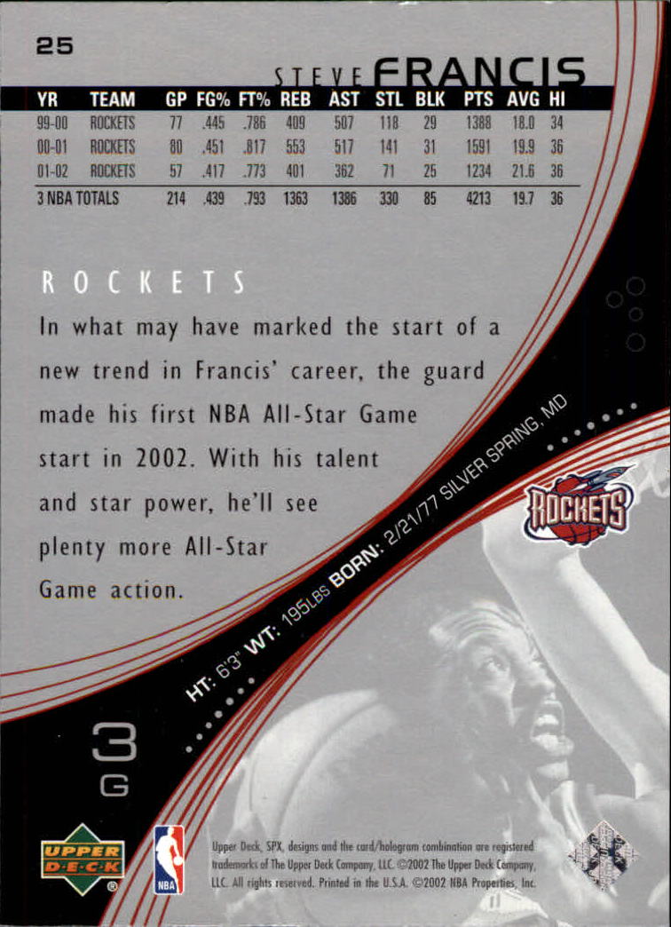 2002-03 SPx #25 Steve Francis back image