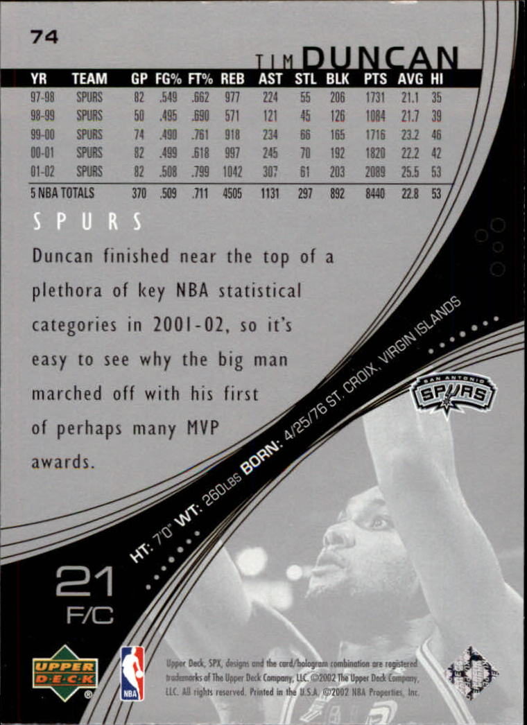 2002-03 SPx #74 Tim Duncan back image