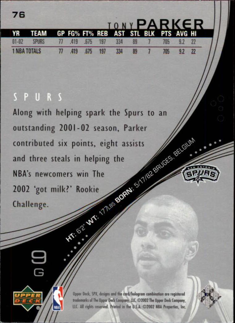 2002-03 SPx #76 Tony Parker back image