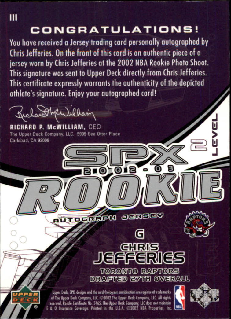 2002-03 SPx #111 Chris Jefferies JSY AU RC back image