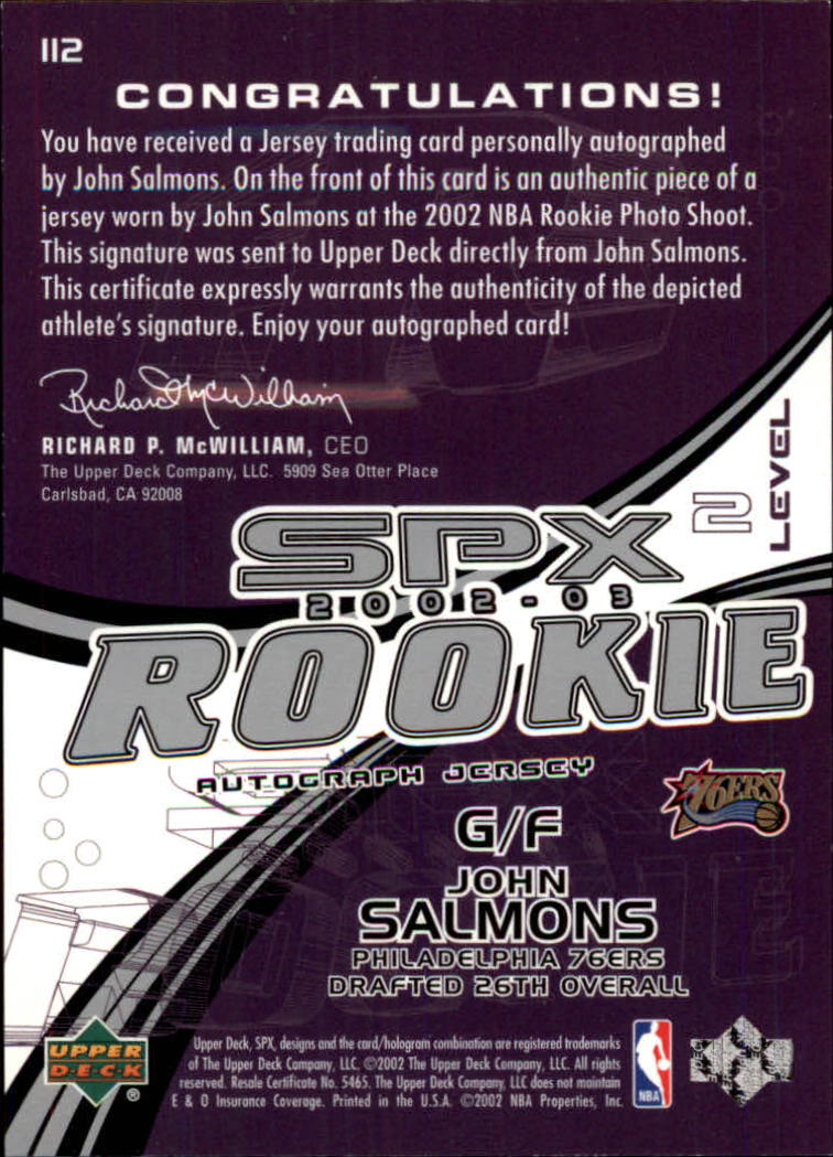 2002-03 SPx #112 John Salmons JSY AU RC back image