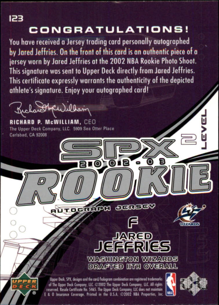 2002-03 SPx #123 Jared Jeffries JSY AU RC back image